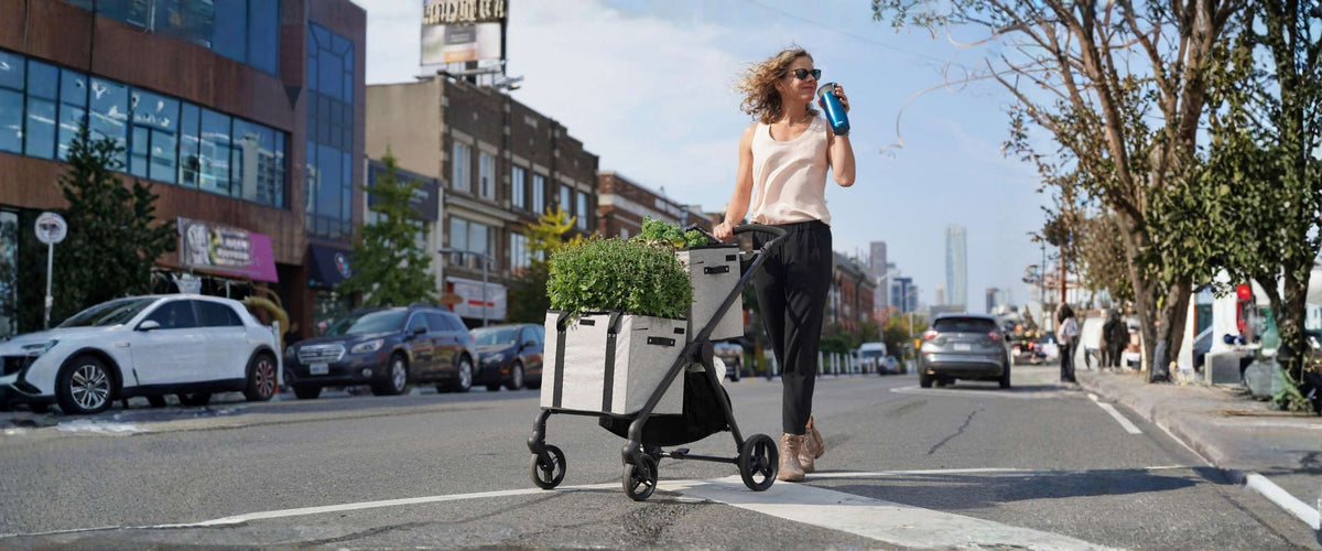 Stylish woman walking with foldable two tier ergonomic shopping cart