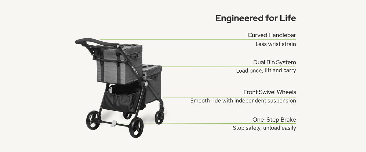 VOOMcart folding shopping cart with curved handlebar, dual bin system, front swivel wheels with suspension, and one-step brake