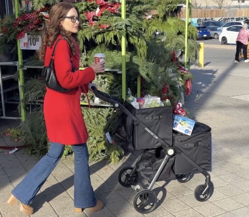 VOOMcart with stylish woman pushing a fully loaded VOOMcart with groceries and Christmas trees in the background