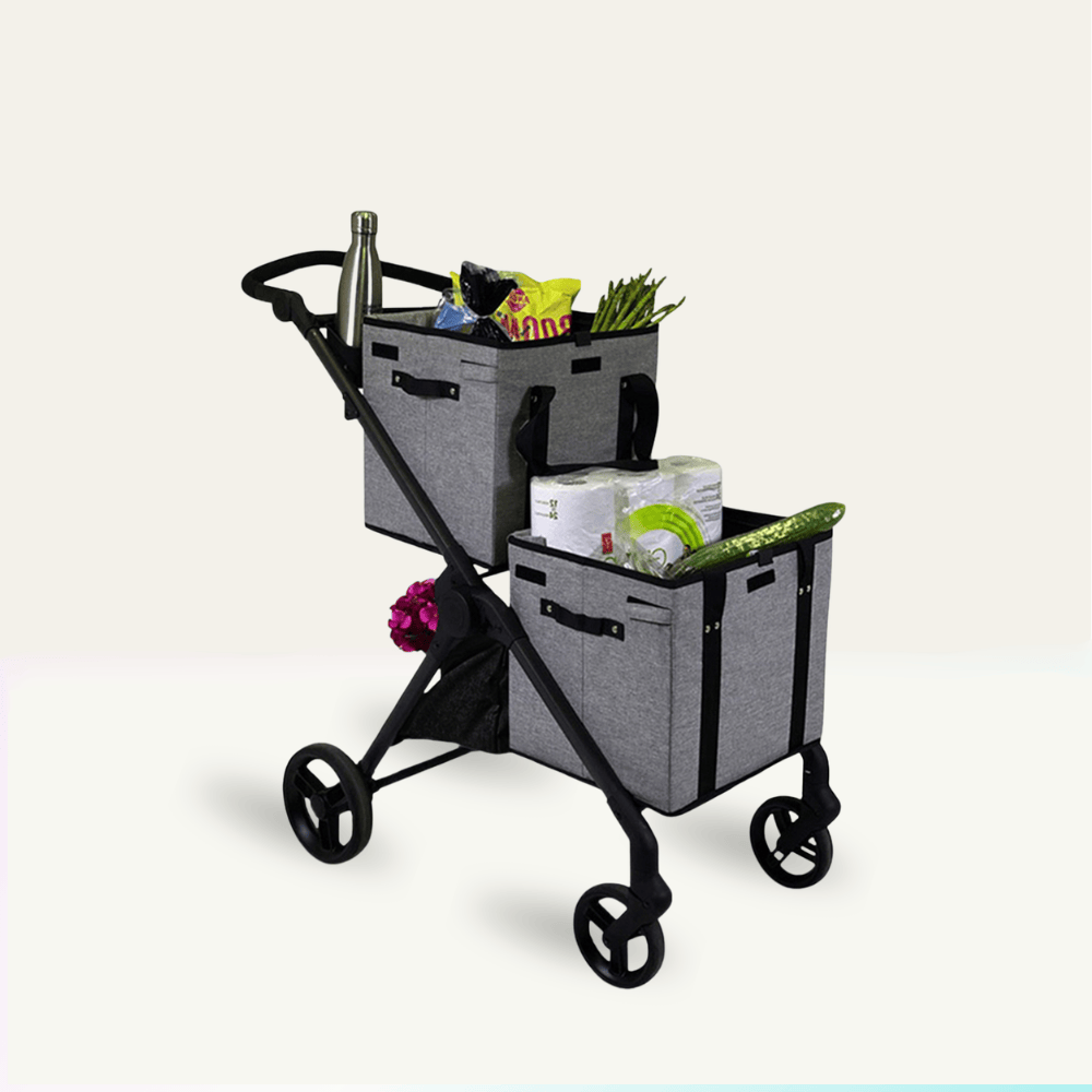 VOOMcart shopping cart capacity 70 lbs easy to load 2 reusable foldable grocery bins.