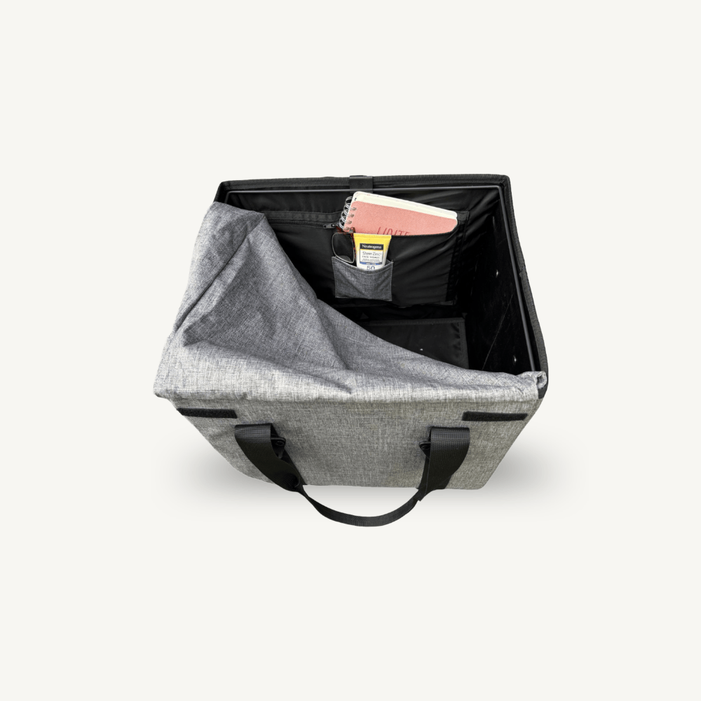 VOOMcart reusable foldable grocery bins with interior zippered personals pocket and smaller easy-access pocket on a white background.