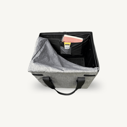 VOOMcart reusable foldable grocery bins with interior zippered personals pocket and smaller easy-access pocket on a white background.